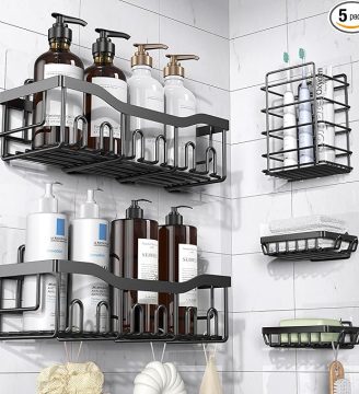 Adhesive Shower Caddy, 5 Pack Rustproof Stainless Steel Bath Organizers With Large Capacity, No Drilling Shelves for Bathroom Storage & Home Decor