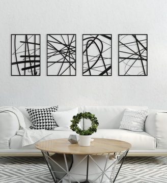 Black Abstract Wall Art, Metal Single Line Art Wall Decor, 3D Textured Sculptures, Modern Decor for Living Room Bedroom Bathroom Study, 17'' x 12'', 4 Pack