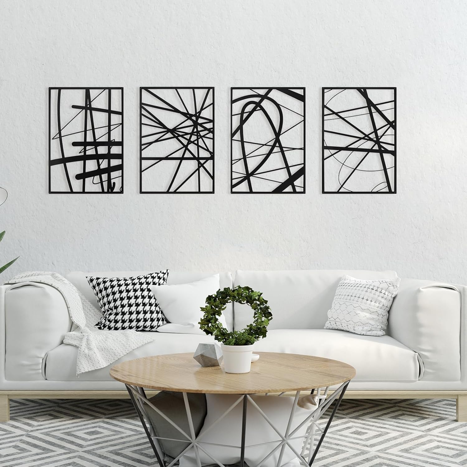 Black Abstract Wall Art, Metal Single Line Art Wall Decor, 3D Textured Sculptures, Modern Decor for Living Room Bedroom Bathroom Study, 17'' x 12'', 4 Pack
