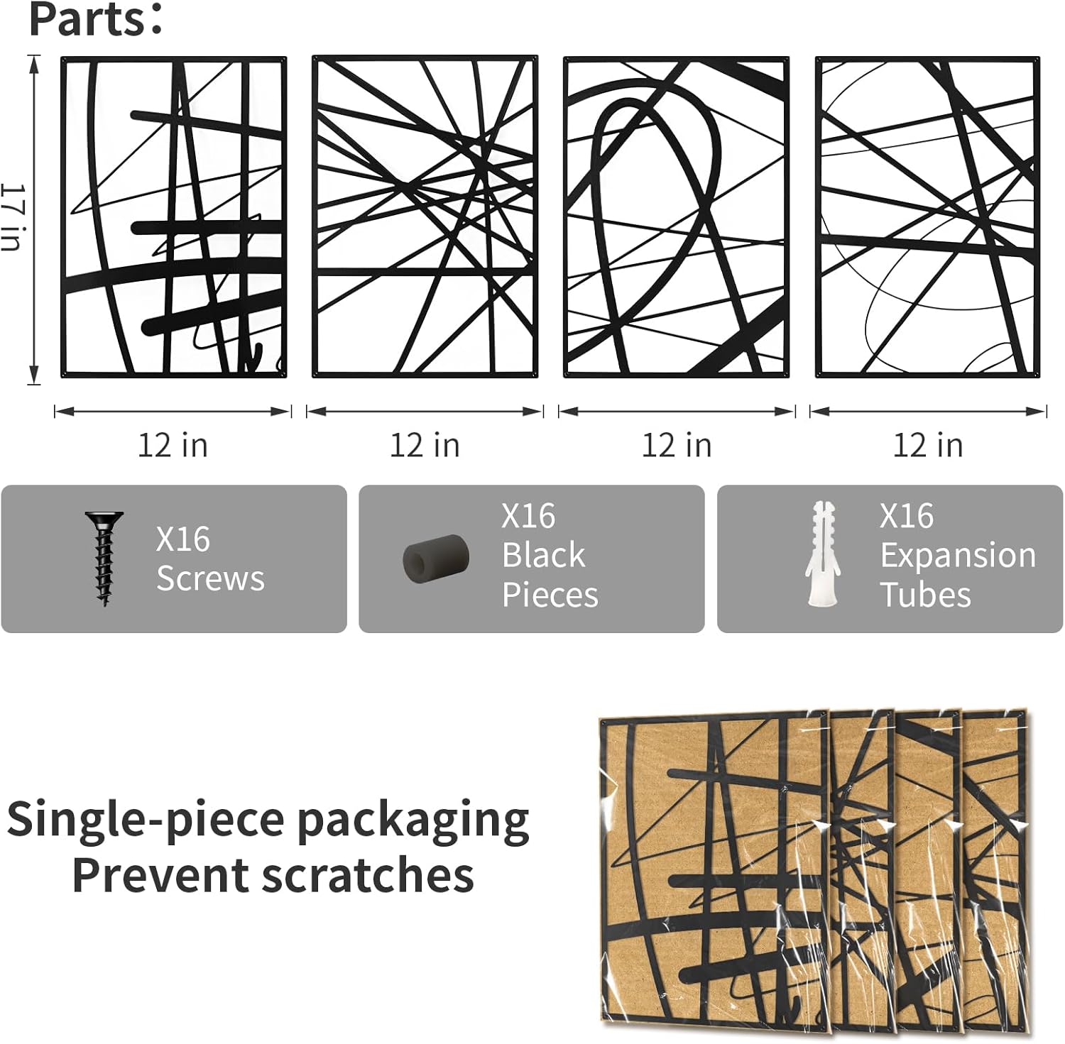 Black Abstract Wall Art, Metal Single Line Art Wall Decor, 3D Textured Sculptures, Modern Decor for Living Room Bedroom Bathroom Study, 17'' x 12'', 4 Pack - Image 3