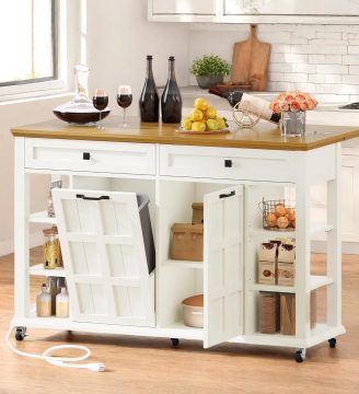 DWVO Kitchen Island with Drop Leaf, Tilt Out Trash Can Cabinet, Mobile Storage Islands with Power Outlet, Americana Rolling Island Table on Wheels with Open Shelves for Dining Room, Off White