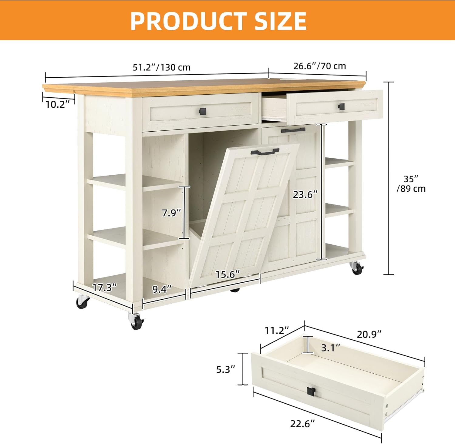DWVO Kitchen Island with Drop Leaf, Tilt Out Trash Can Cabinet, Mobile Storage Islands with Power Outlet, Americana Rolling Island Table on Wheels with Open Shelves for Dining Room, Off White - Image 2