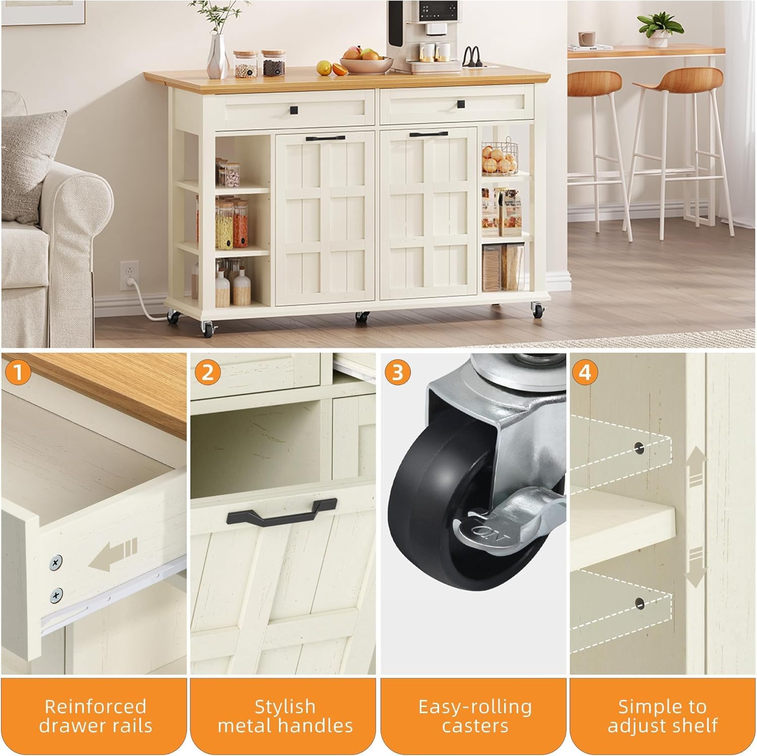 DWVO Kitchen Island with Drop Leaf, Tilt Out Trash Can Cabinet, Mobile Storage Islands with Power Outlet, Americana Rolling Island Table on Wheels with Open Shelves for Dining Room, Off White - Image 3