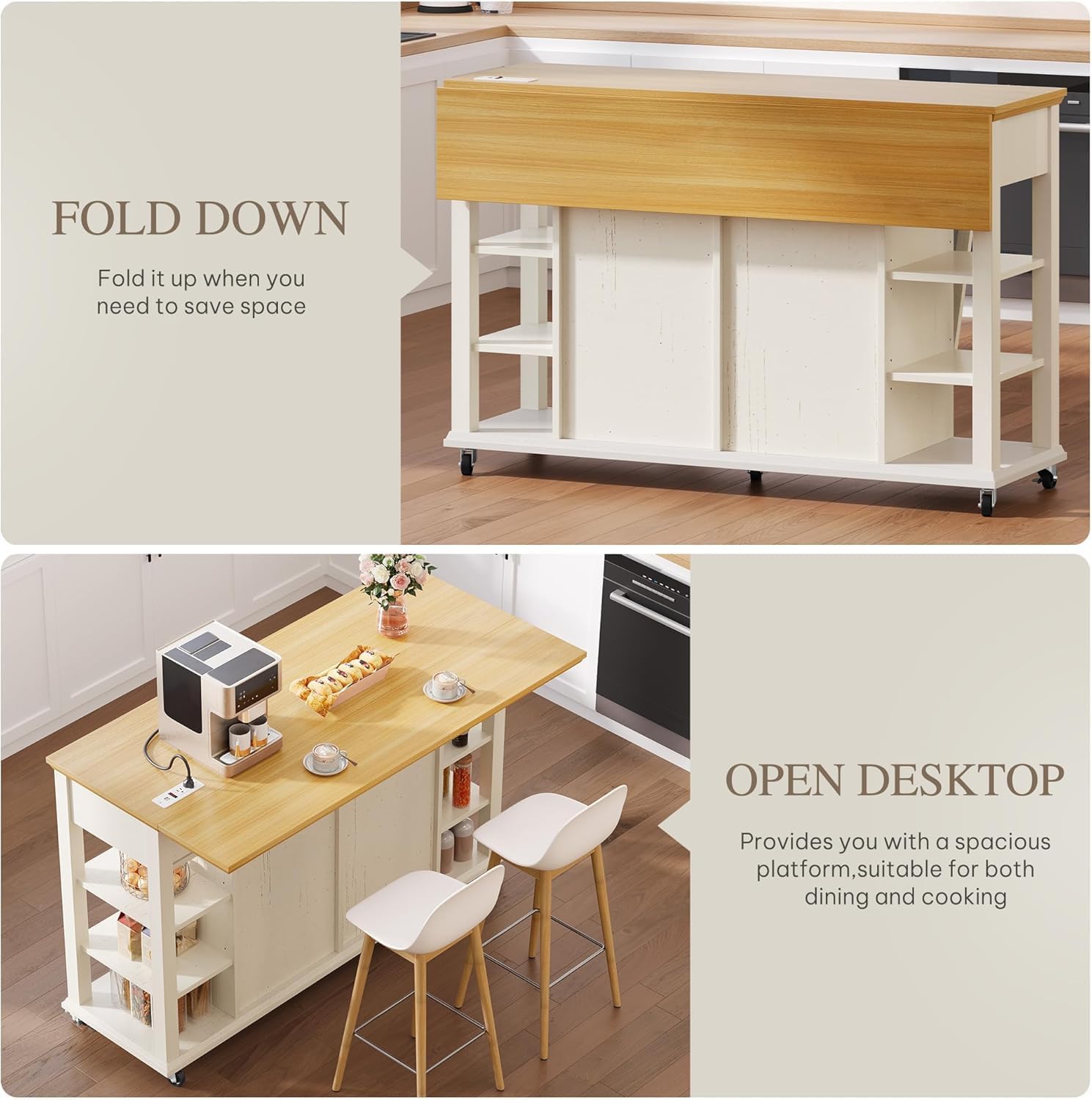 DWVO Kitchen Island with Drop Leaf, Tilt Out Trash Can Cabinet, Mobile Storage Islands with Power Outlet, Americana Rolling Island Table on Wheels with Open Shelves for Dining Room, Off White - Image 4