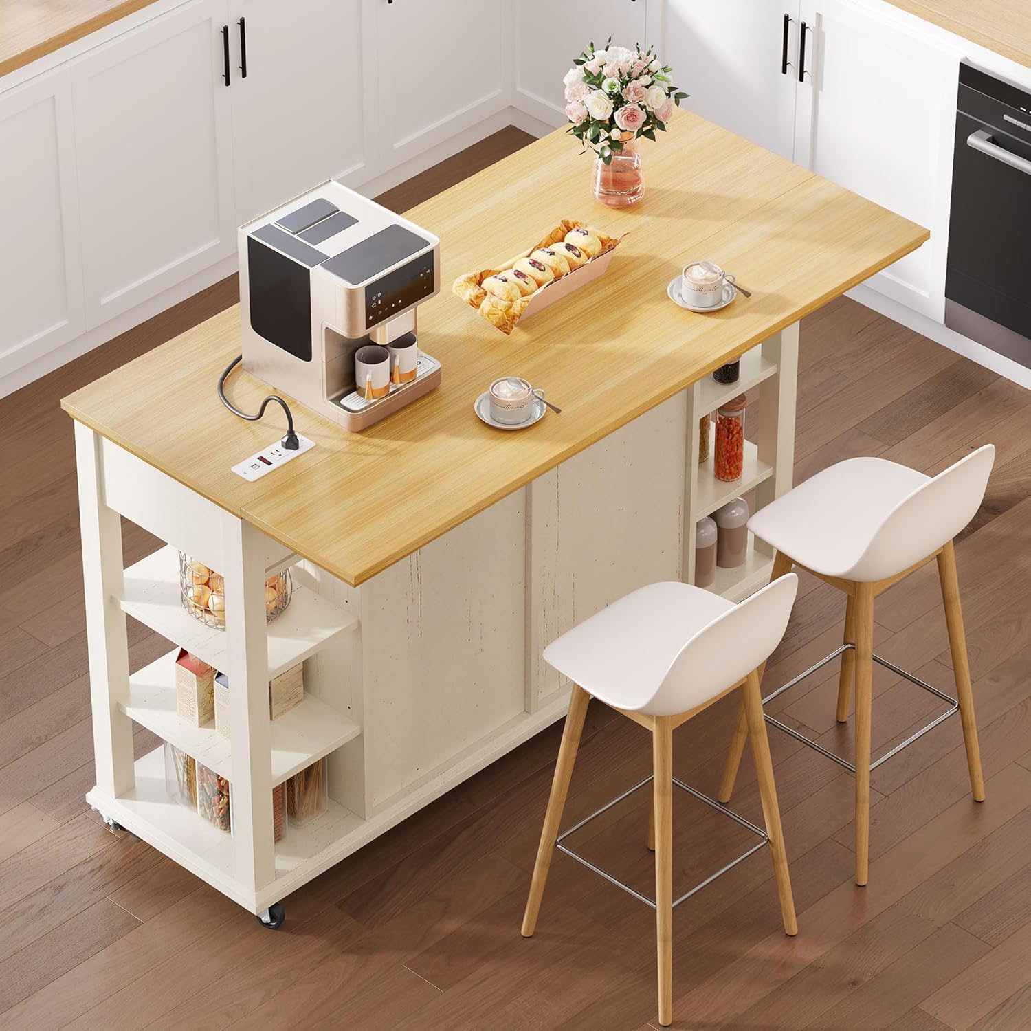 DWVO Kitchen Island with Drop Leaf, Tilt Out Trash Can Cabinet, Mobile Storage Islands with Power Outlet, Americana Rolling Island Table on Wheels with Open Shelves for Dining Room, Off White - Image 5