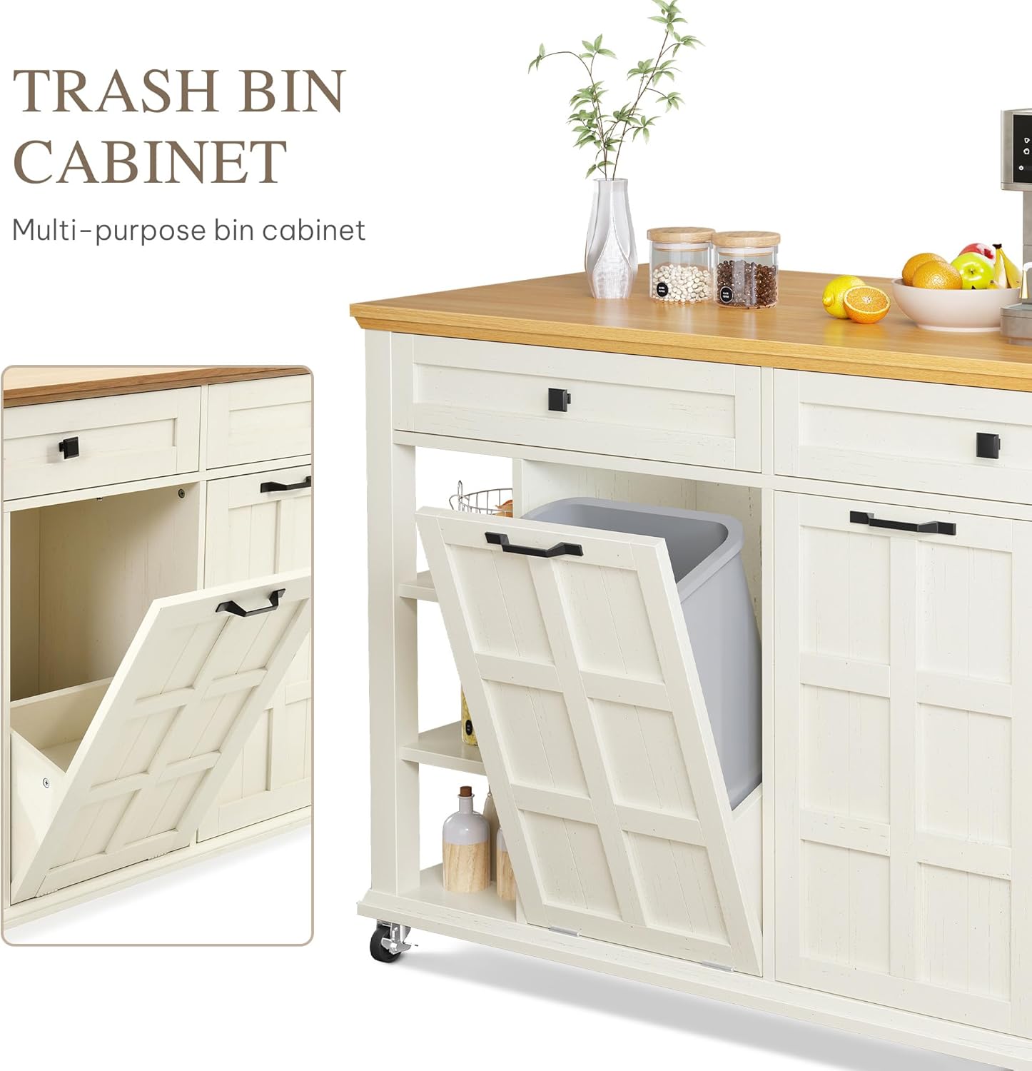 DWVO Kitchen Island with Drop Leaf, Tilt Out Trash Can Cabinet, Mobile Storage Islands with Power Outlet, Americana Rolling Island Table on Wheels with Open Shelves for Dining Room, Off White - Image 6