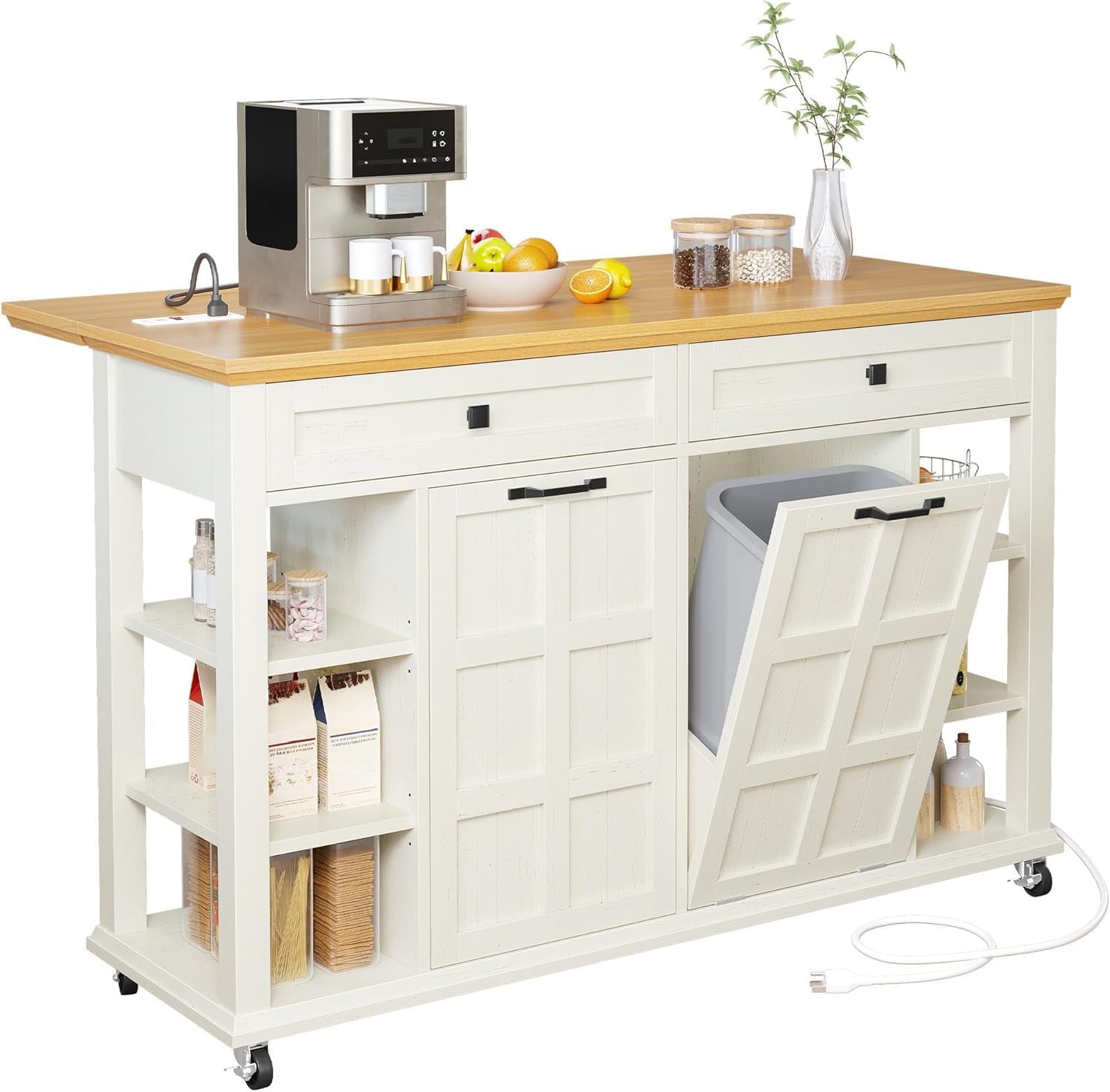 DWVO Kitchen Island with Drop Leaf, Tilt Out Trash Can Cabinet, Mobile Storage Islands with Power Outlet, Americana Rolling Island Table on Wheels with Open Shelves for Dining Room, Off White - Image 8
