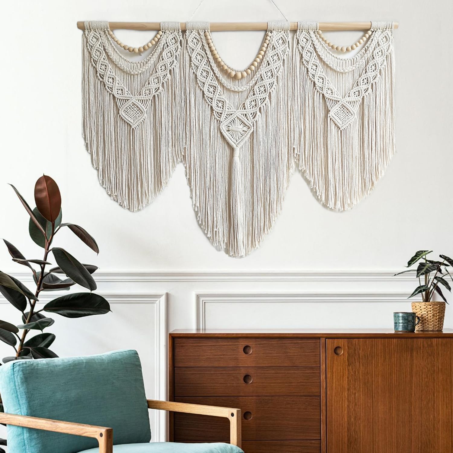 large macrame wall hanging - Boho Tapestry Macrame Wall Decor Art- Chic Bohemian Handmade Woven Tapestry Home Decoration for Bedroom Living Room Apartment Wedding Party - 43"x32" (Wood bead) - Image 2