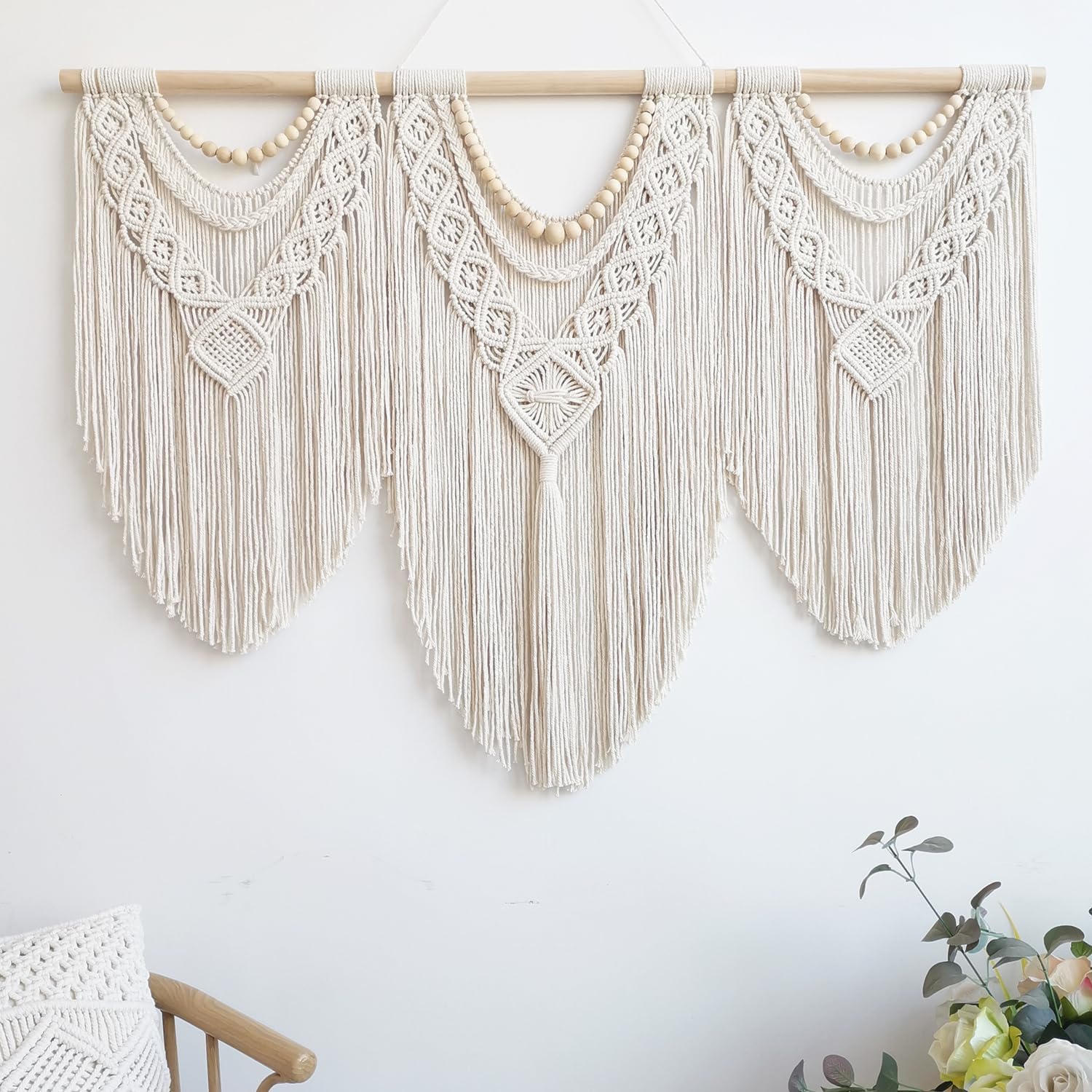 large macrame wall hanging - Boho Tapestry Macrame Wall Decor Art- Chic Bohemian Handmade Woven Tapestry Home Decoration for Bedroom Living Room Apartment Wedding Party - 43"x32" (Wood bead) - Image 3