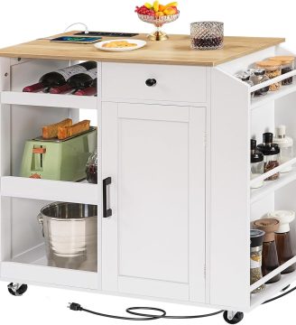 Kitchen Island with Power Outlet, Kitchen Island Cart with Drawer, Island Table for Kitchen, Spice Rack, Towel Rack, Wine Rack, for Dining Room, White and Natural KINW122E01N1