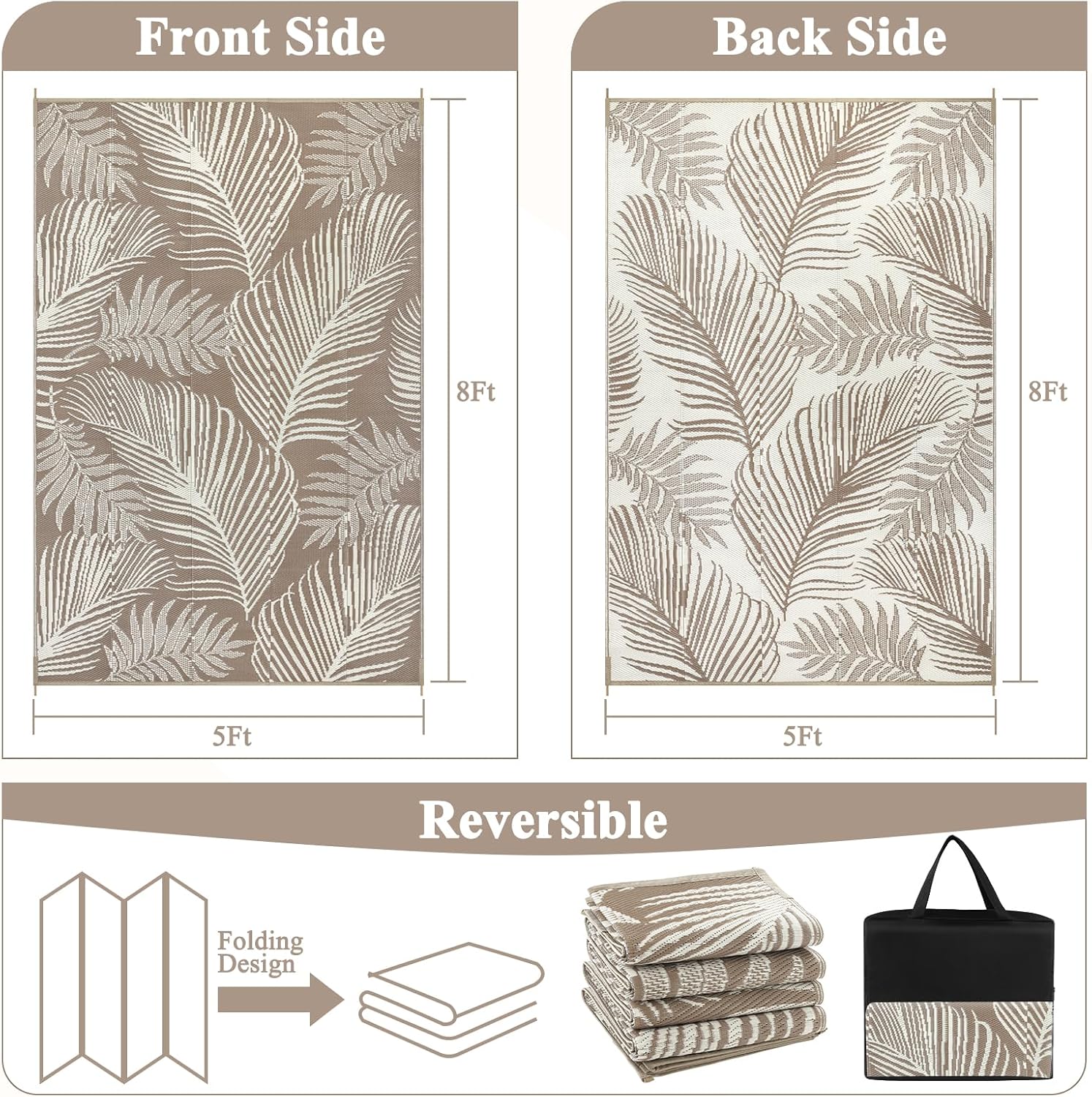 Pauwer Waterproof Outdoor Rug 5x8, Reversible Plastic Straw Patio Camping Rug, Indoor Outdoor RV Mat Carpet for Deck, Camper, Porch, Balcony, Backyard, Picnic, Leaf Brown - Image 2