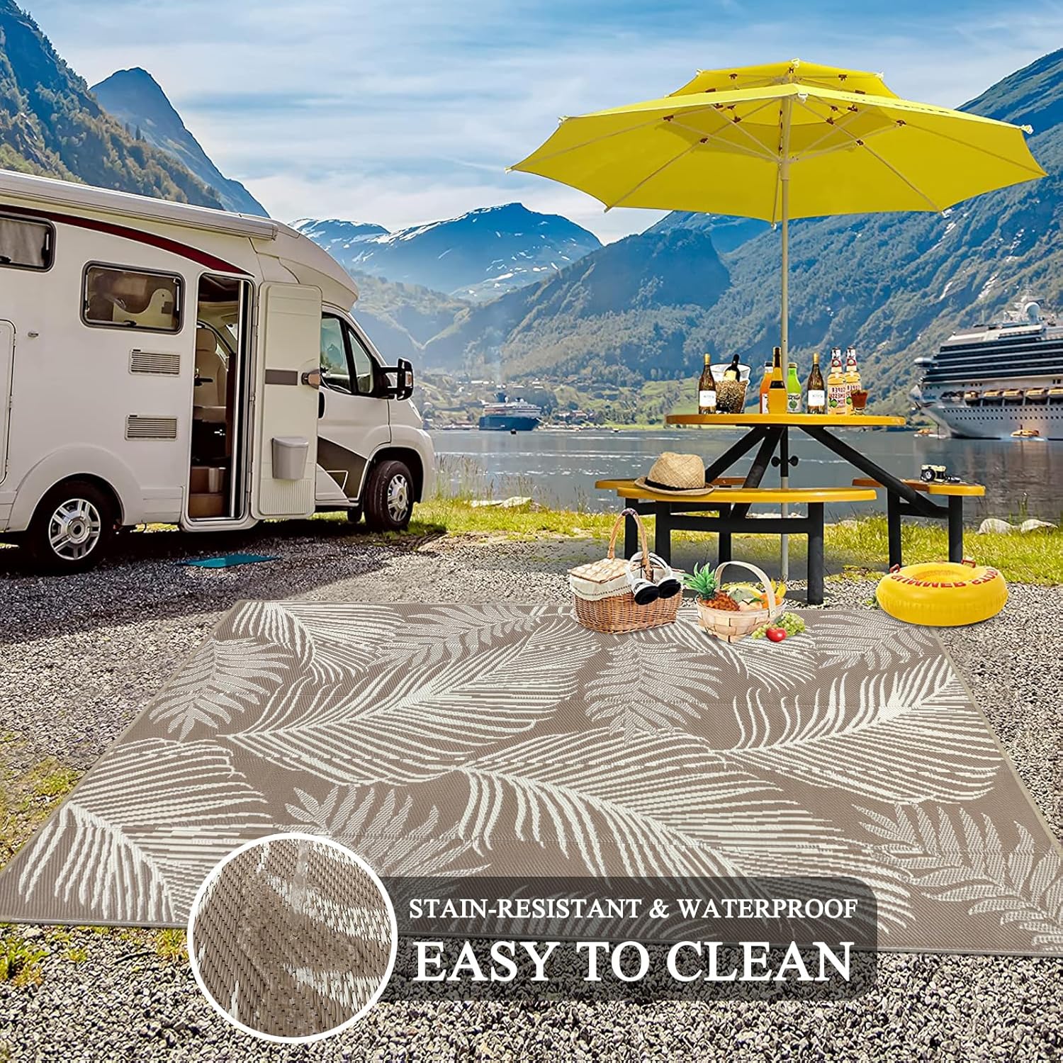 Pauwer Waterproof Outdoor Rug 5x8, Reversible Plastic Straw Patio Camping Rug, Indoor Outdoor RV Mat Carpet for Deck, Camper, Porch, Balcony, Backyard, Picnic, Leaf Brown - Image 5