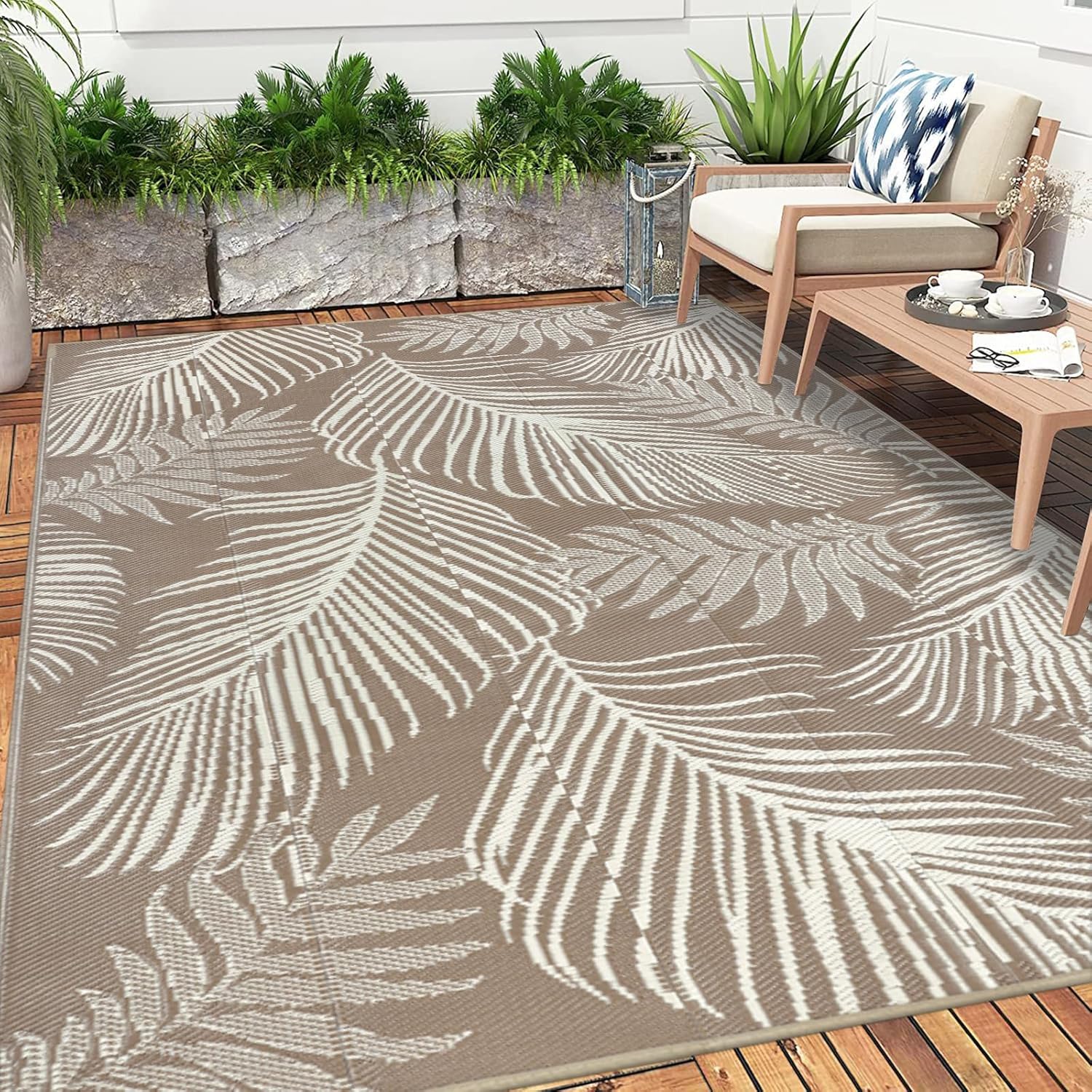 Pauwer Waterproof Outdoor Rug 5x8, Reversible Plastic Straw Patio Camping Rug, Indoor Outdoor RV Mat Carpet for Deck, Camper, Porch, Balcony, Backyard, Picnic, Leaf Brown - Image 8