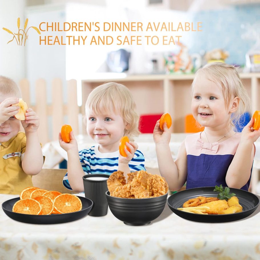 Plates and Bowls Sets for 8, 32-Piece Kitchen Dinnerware Set for 8 Tableware Wheat Straw Dinner Plates, Dessert Plates, Bowls and Cups, Dishes Set for Home Parties Camping - Black - Image 3