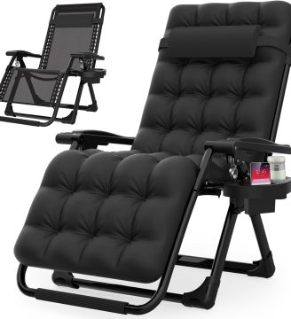 Suteck Zero Gravity Chair, Reclining Camping Lounge Chair w/Removable Cushion, Upgraded Lock and Cup Holder, Reclining Patio Chairs Folding Recliner for Indoor and Outdoor